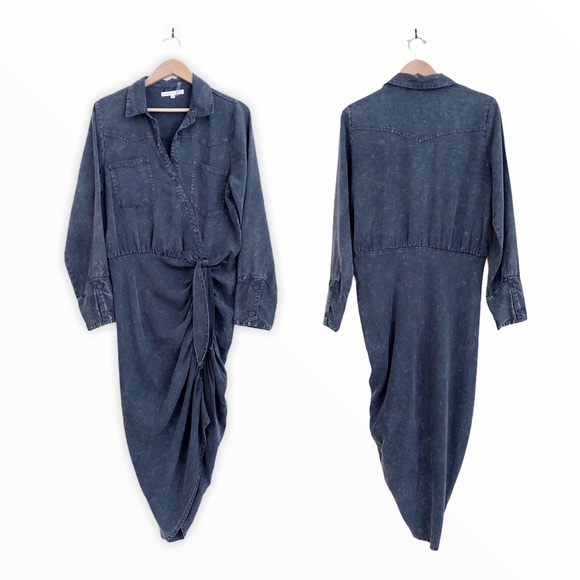 YOUNG FABULOUS & BROKE Carling Ruched Stone Wash Shirt Dress in Blue - Picture 4 of 11